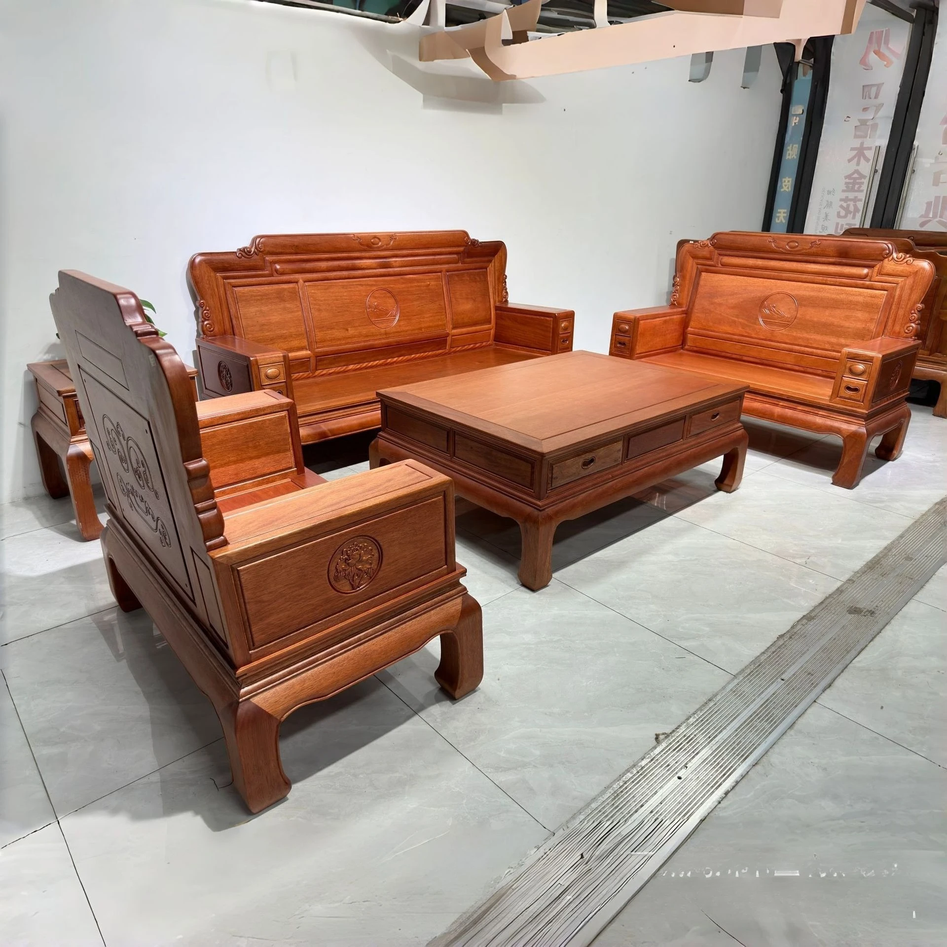 Living room sofa old elm sofa combination solid wood hotel lobby sofa antique table and chairs
