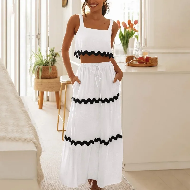

Women's S-2XL size Skirt Set Square Neck Off Shoulder Sleeveless Suspended Tank Top Simple Loose Lace Up Long Skirt Set