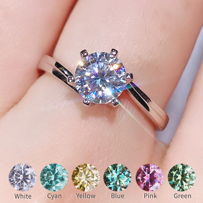 

Wholesale Moissanite Ring Size 5-6.5mm 0.5-1CT Blue Green Yellow Pink Red Cyan Gemstones Rings For Women S925 Silver