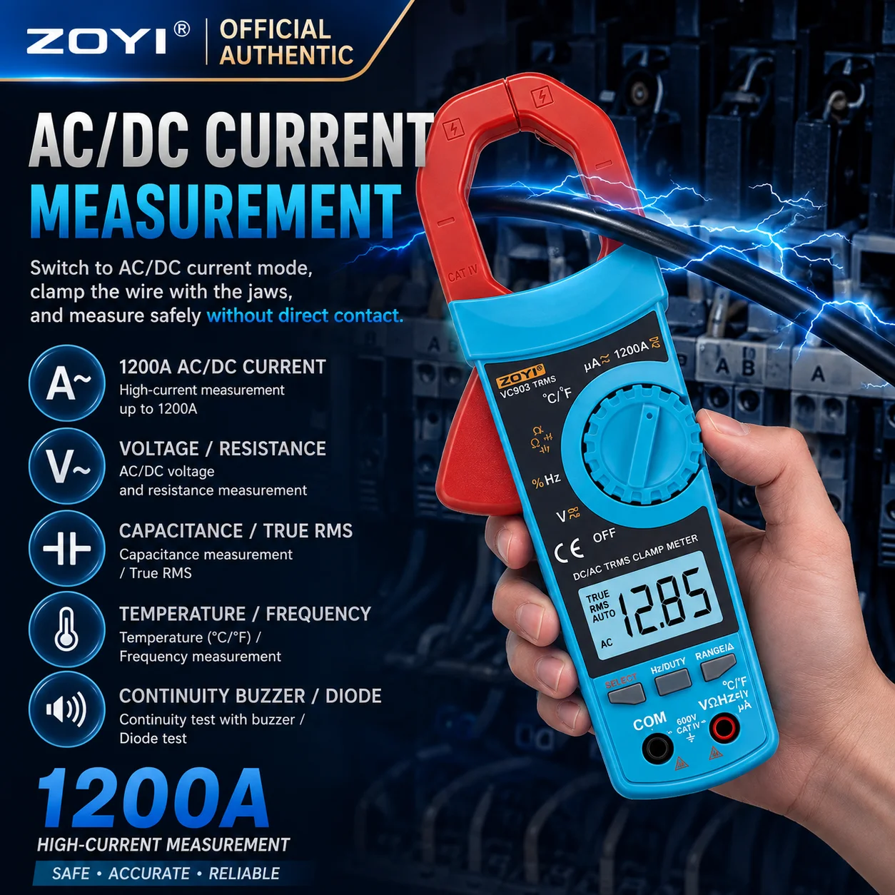 ZOYI VC903 Digital Clamp Multimeter High Precision Electrician Multifunction AC/DC 1200A Current Tester