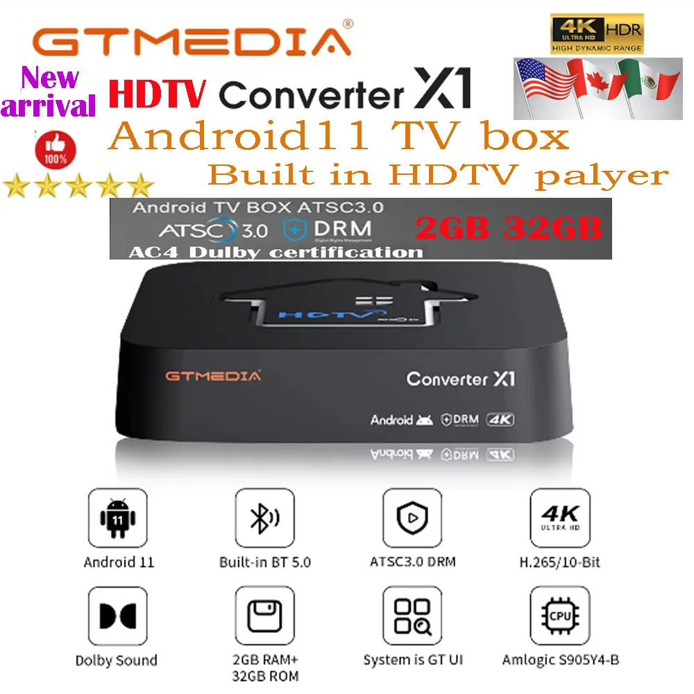 Genuine]New GTMEDIA Converter X1 ATSC3.0 Terrestrial signal Android TV BOX Support DVR recording USB DVR HDTV player Next-Gen TV