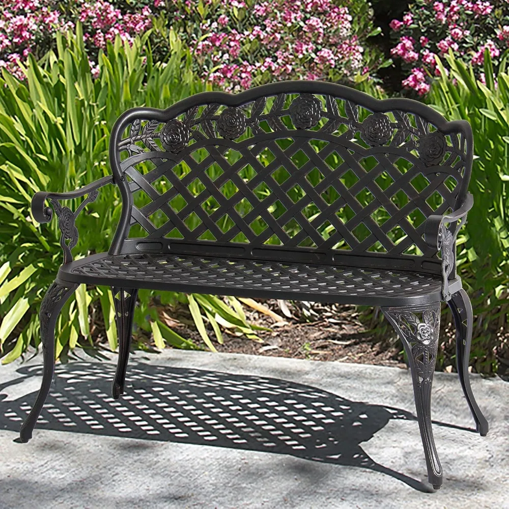 

2-Person Aluminum Garden Bench Patio Furniture W/Rose Detail Lattice Backrest and Seat, Bronze, Customized