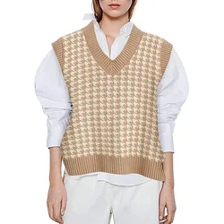Women V Neck Sweater Vest Print Thick Sleeveless Spliced Casual Pullovers Solid Straight Jumpers Vests Elegant Lady Knit Warm