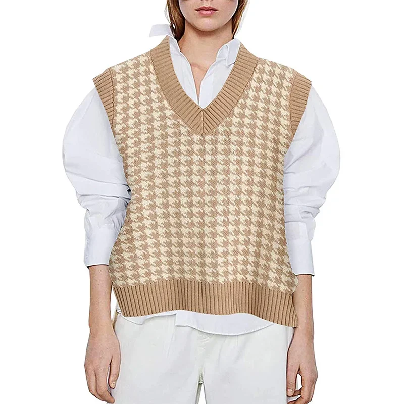 Women V Neck Sweater Vest Print Thick Sleeveless Spliced Casual Pullovers Solid Straight Jumpers Vests Elegant Lady Knit Warm