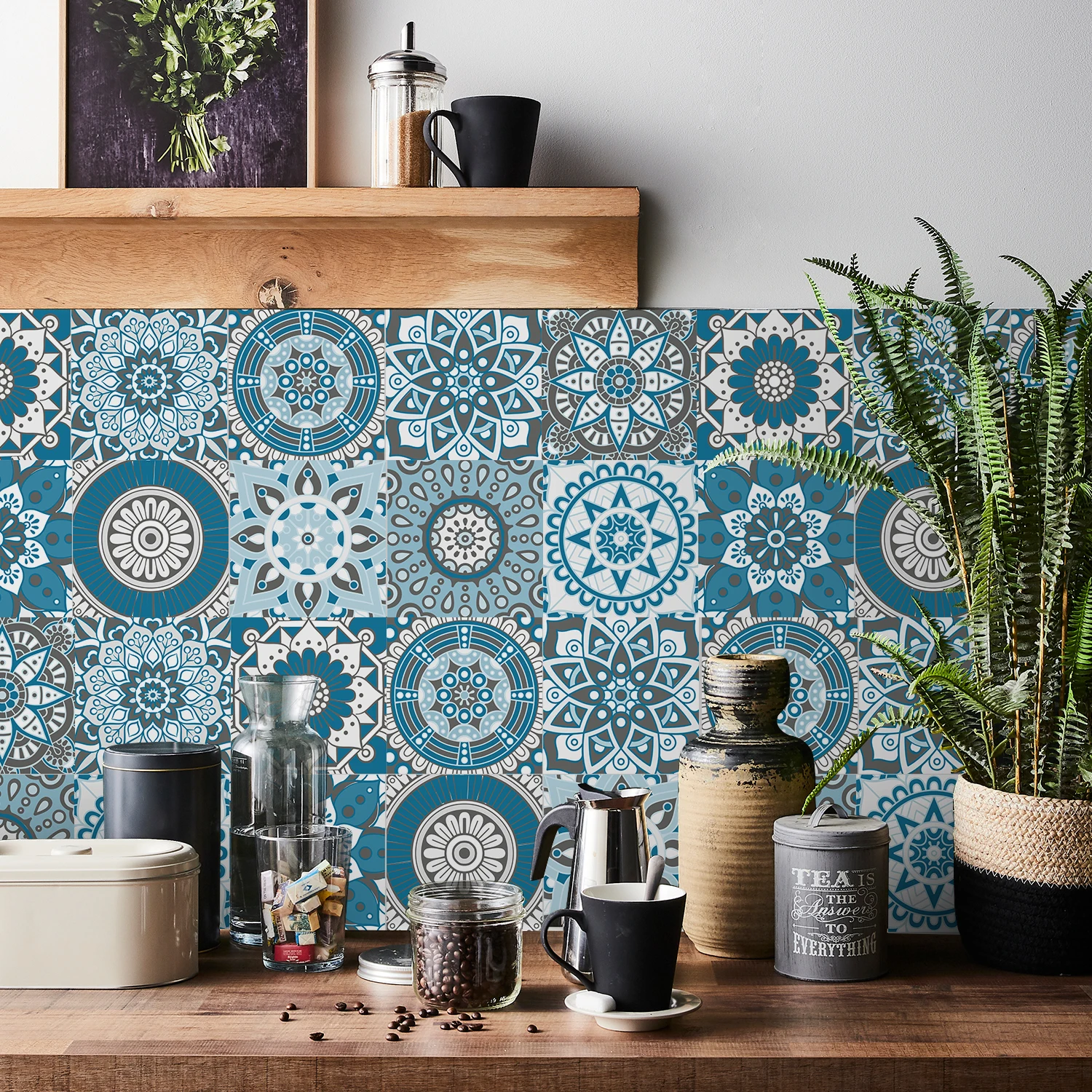 24 pcs/pack, Waterproof and Oil-proof, Easy To Clean, Blue European Pattern Self-adhesive PVC Tile Stickers
