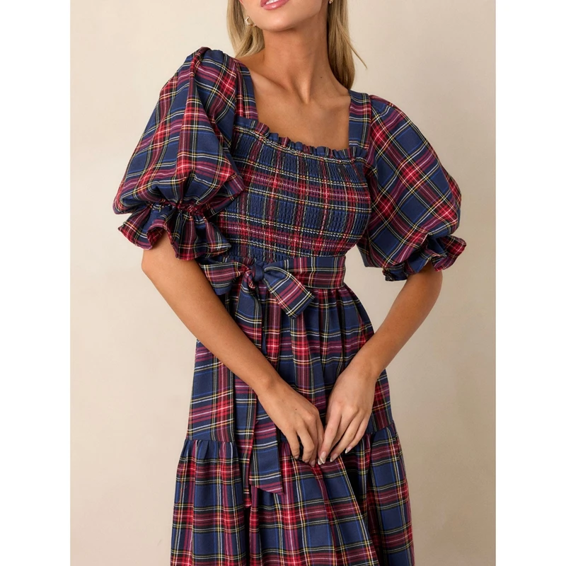 Sukienka damska Combhasaki, świąteczna, w kratę, zwiewna, maxi, styl Y2k, bufiaste rękawy, kwadratowy dekolt, falbany, marszczona, w kratkę gingham, na imprezę, z paskiem, długa.