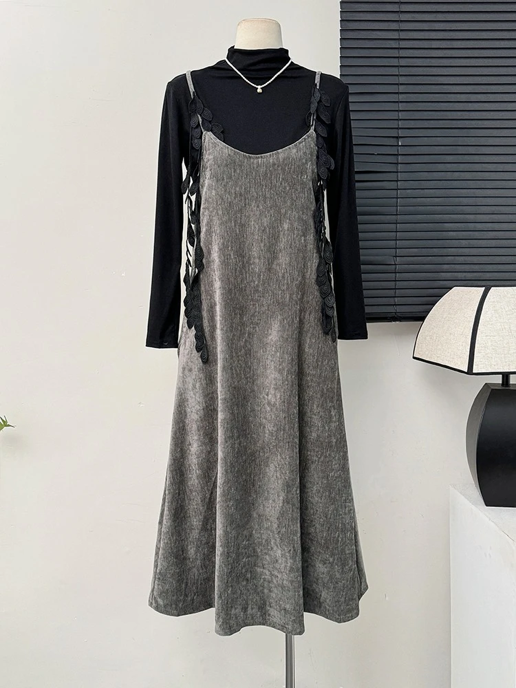 フランス風エレガントベルベットミディ丈スリップドレス レディース 秋 ハイネック長袖Tシャツ風 エレガントヴィンテージ風 ツーピース スリムフィット