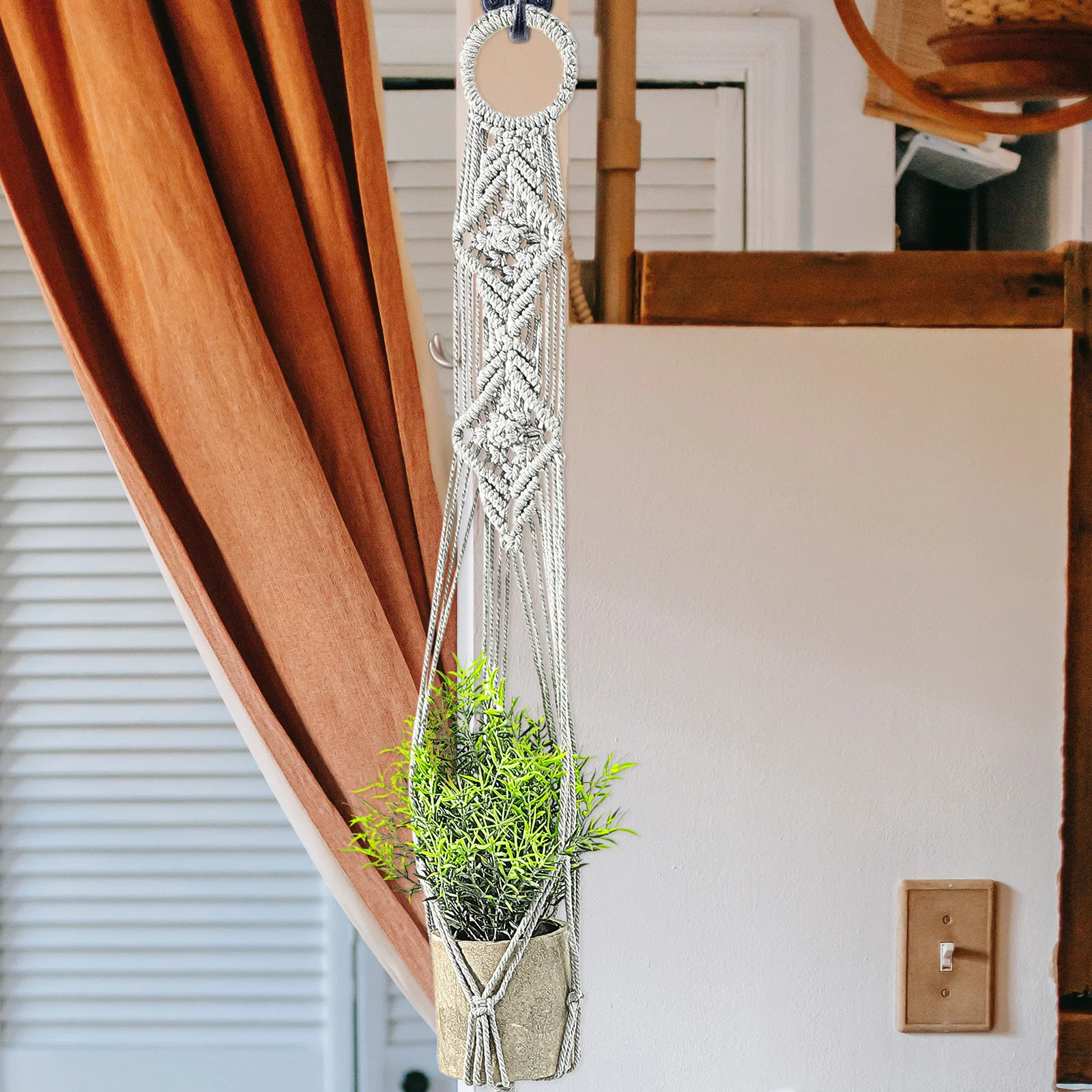 

Wall Mounted Plant Hanger Woven Rope Net Bag for Hanging Pots with Natural Wood Detail Space Saving Decoration for Home Garden