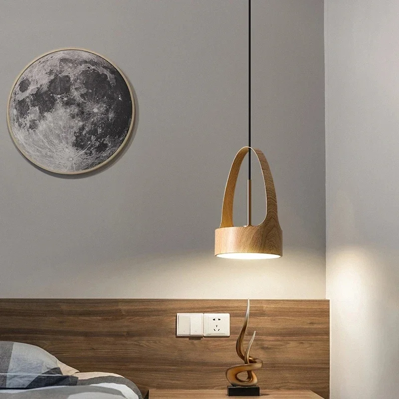 

Modern Simple Restaurant Bar Simplewood Grain Small Pendant Light Retro Creative Personality Hotel Bedroom Bedside Chandeliers