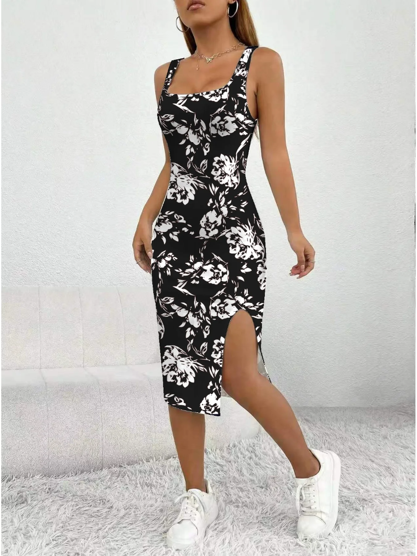 Damen Sommer Casual Elegantes Kleid mit Quadratischem Ausschnitt Geometrisches Blumenmuster Schlitz Mittellanger Rock Bequemes A-Linien Maxikleid – Detail 6