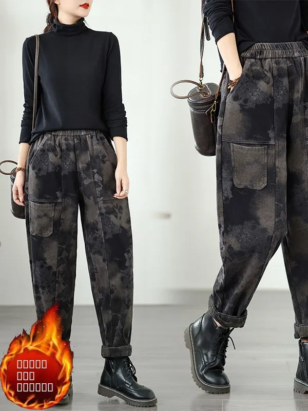 

Retro Large Size Women's Faded Workwear Pants Harlan Loose Casual Fce Lined Thiened Jeans Cotton Autumn Winter