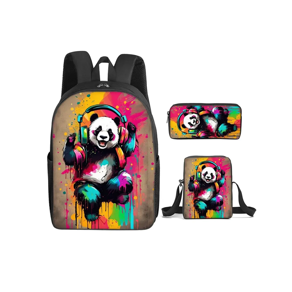 Panda Print 3Pcs/Set Backpack with Messenger Bag ,Pencil Bags for Boy/Girl Best Gift Cartoon Student School Bags