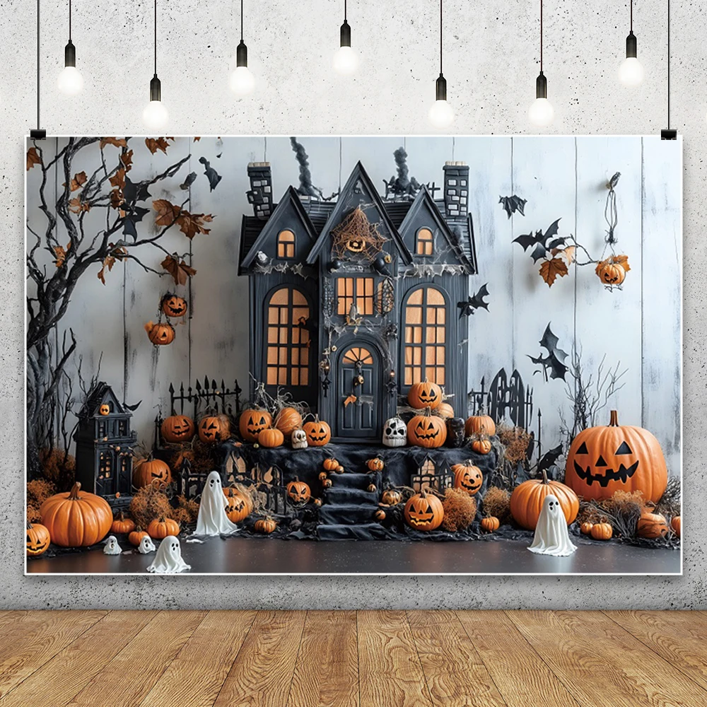 

Happy Halloween Photography Background Horror Castle Pumpkin Lantern Bats Ghosts 2025 Adult Kids Halloween Party Photo Backdrop