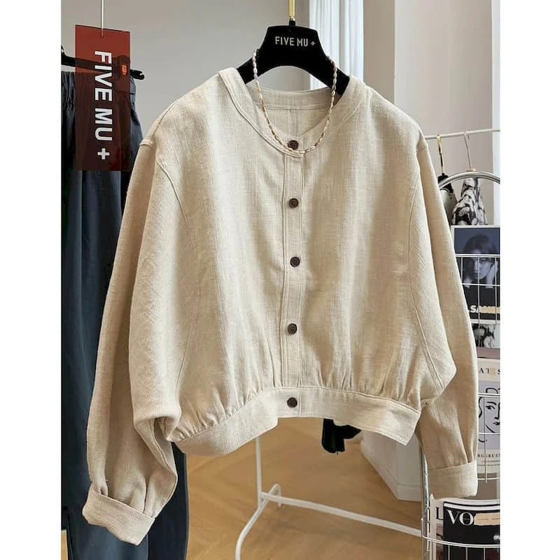 

O-neck Shirts Women Vintage Korean Style Oversized Solid Cardigans Long Sleeve Workwear Coats Cropped Single-breasted Women Tops