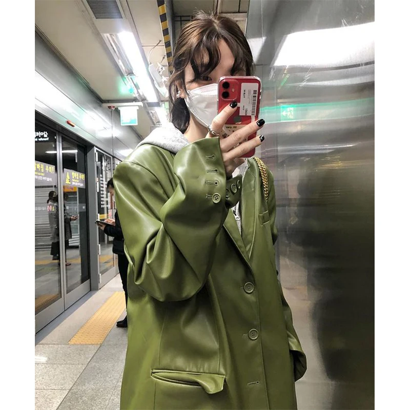 Elegant Pu Leather Jacket Women Fashion Streetwear Oversized Coat Autumn Winter Harajuku Korean Long Sleeve Casual Outerwears