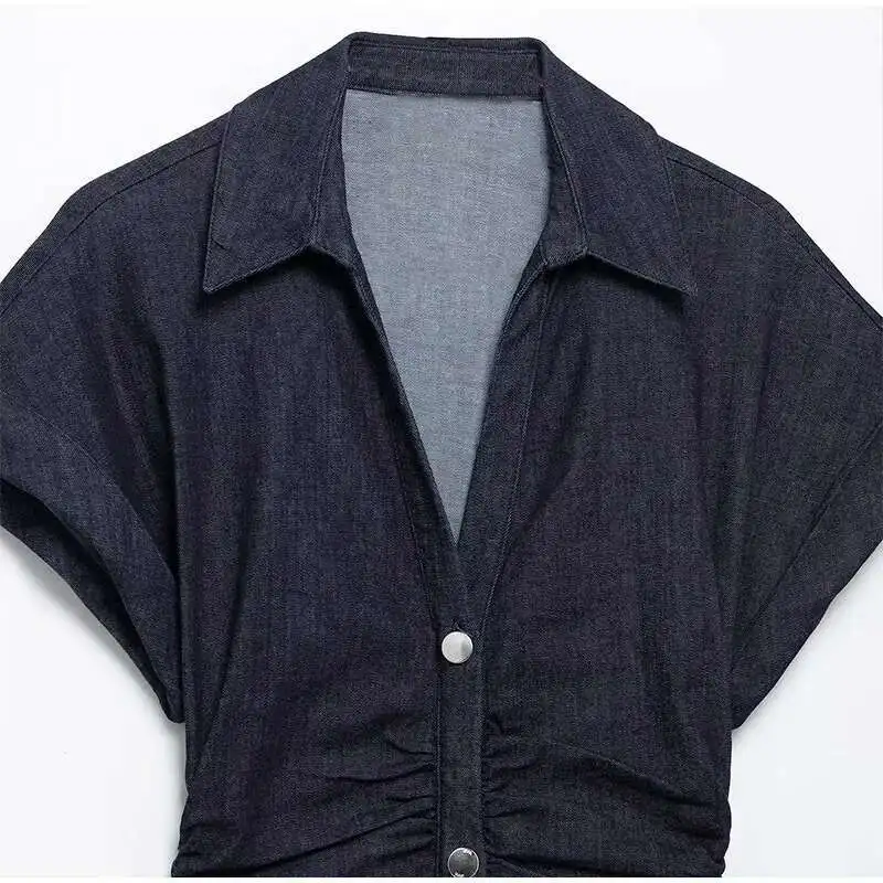 فستان ماكسي نسائي عتيق من قماش الدنيم موضة واحدة الصدر وأكمام قصيرة نحيفة طويلة فيستدوس جديد أنيق للسيدات أردية الشارع PA9Q