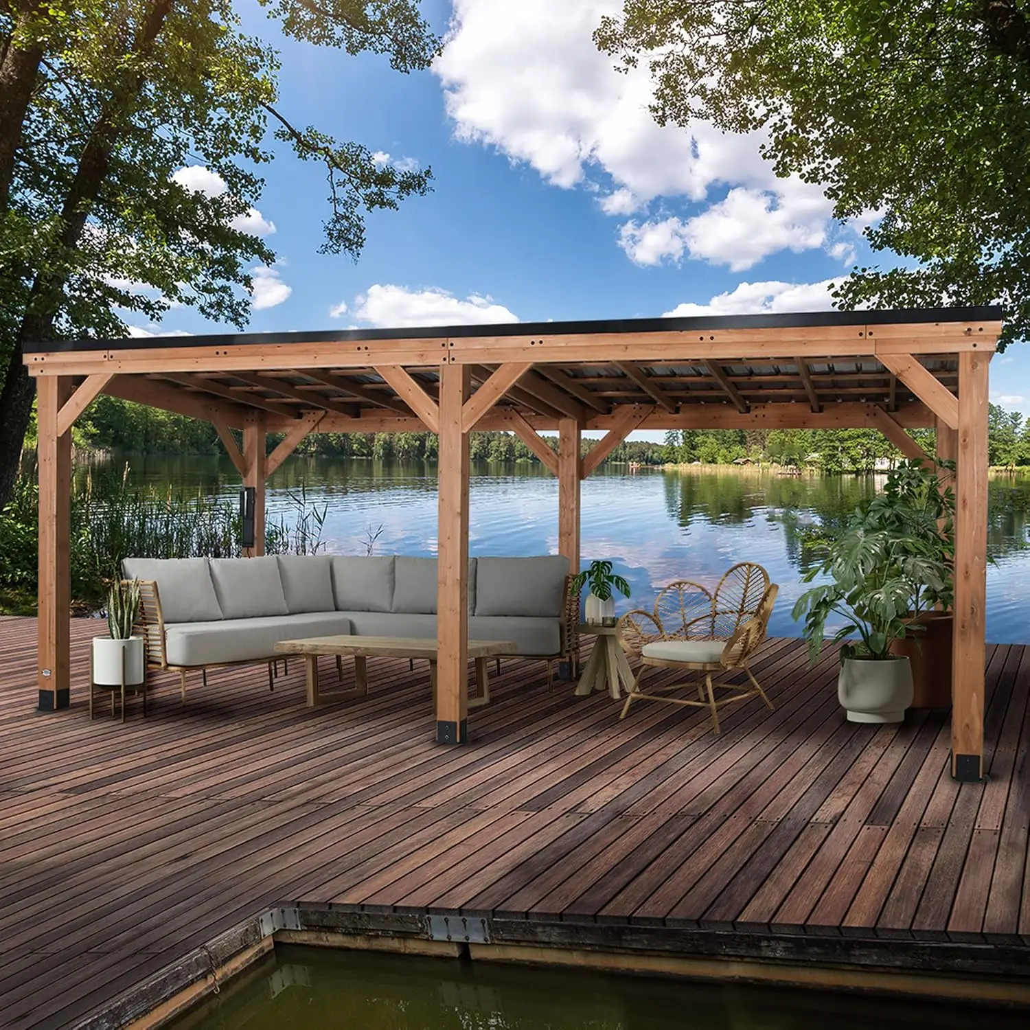 

Беседка Arcadia 20' x 9.5' из кедрового дерева с жесткой крышей из оцинкованной стали со склонной кровлей, с защитой от снега, ветроустойчивая, P