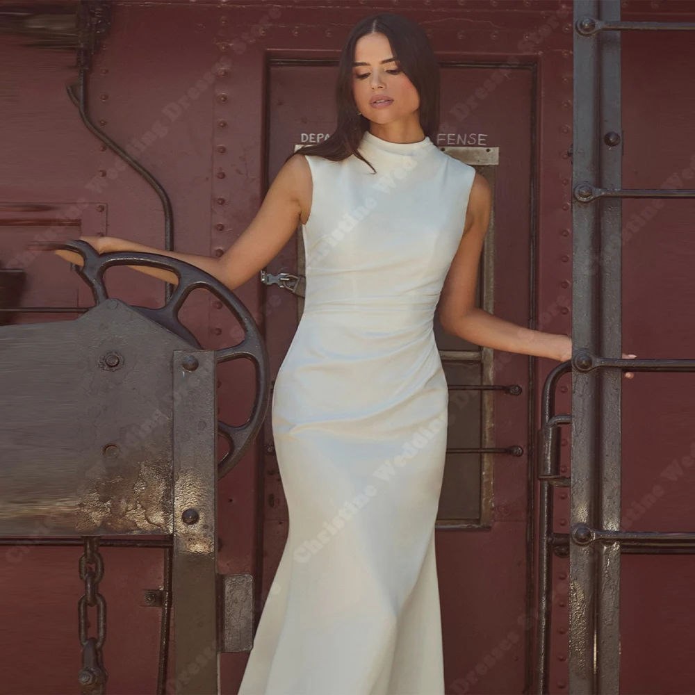 높은 칼라 여성 웨딩 드레스 우아한 백 레이스 새틴 인어 신부 가운 Mopping 길이 파티 Vestidos De Novias 맞춤형