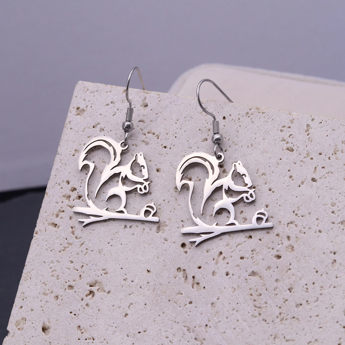 Kinitial Cute Cartoon Squirrel on Branch Ladies Earrings Fashion Stainless Steel Animal Pendant Earrings Party Daily Earrings