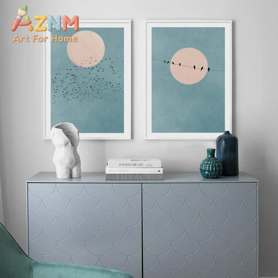 AZNM Teal Blush Pink Sun Birds Canvas Painting, Minimalist Boho Flying Bird On Wire Abstract Print, Calm Neutral Bedroom Wall Ar