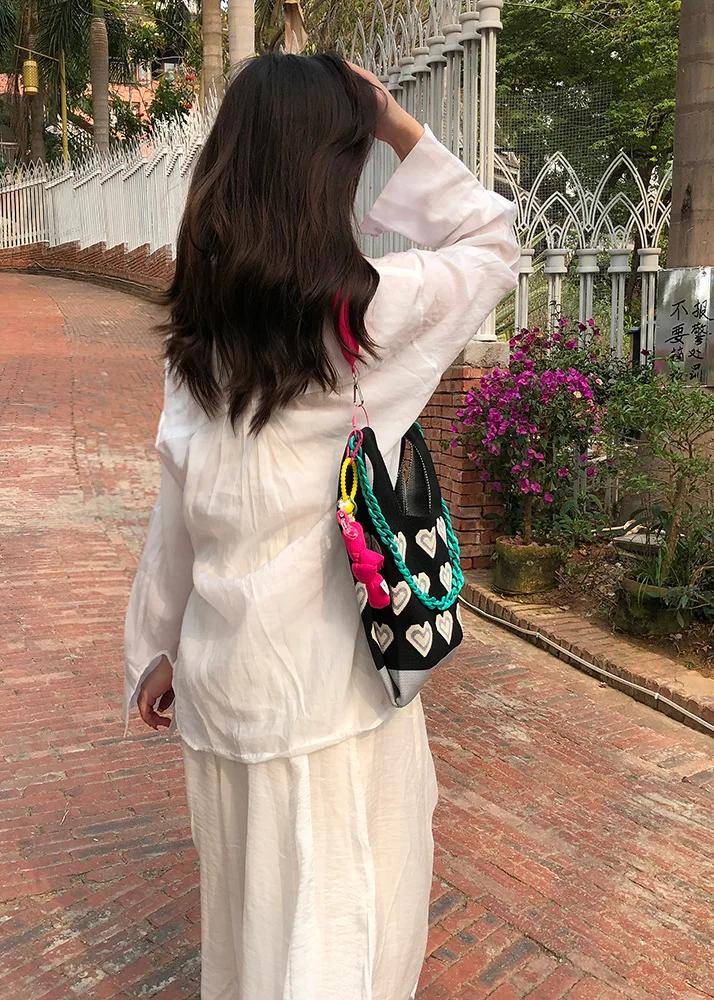 Cute Knitting Shoulder Crossbody Bags for Women Color Heart Crochet Wrist Bag Women Handbags Candy Color Shopper Tote New