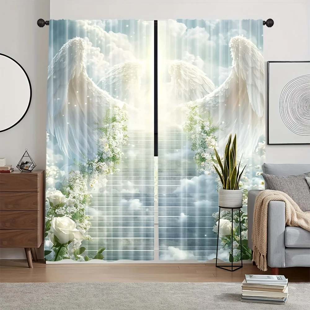 

2pcs Shimmering White Angel Wings & Floral Curtains – for Kitchen, Café, Office, Living Room & Bedroom Decor