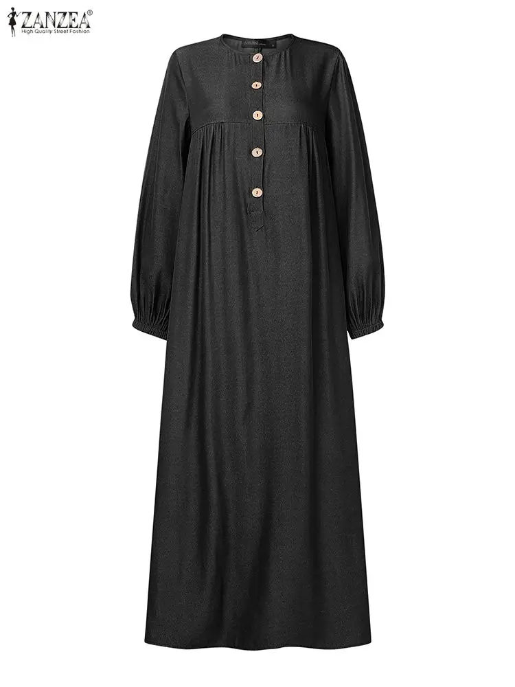 ZANZEA Denim-Like Casual Black Long Dresses Women's Loose O-Neck Lantern Sleeve Half-Buttons Maxi Dress Fall 2025 Woman Clothing