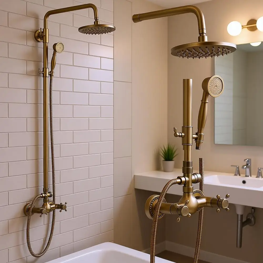 

Bathroom Shower Faucet Set 8 Inch Rainfall Shower Head Handheld Shower Wall Mount 2 Functions Antique Brass