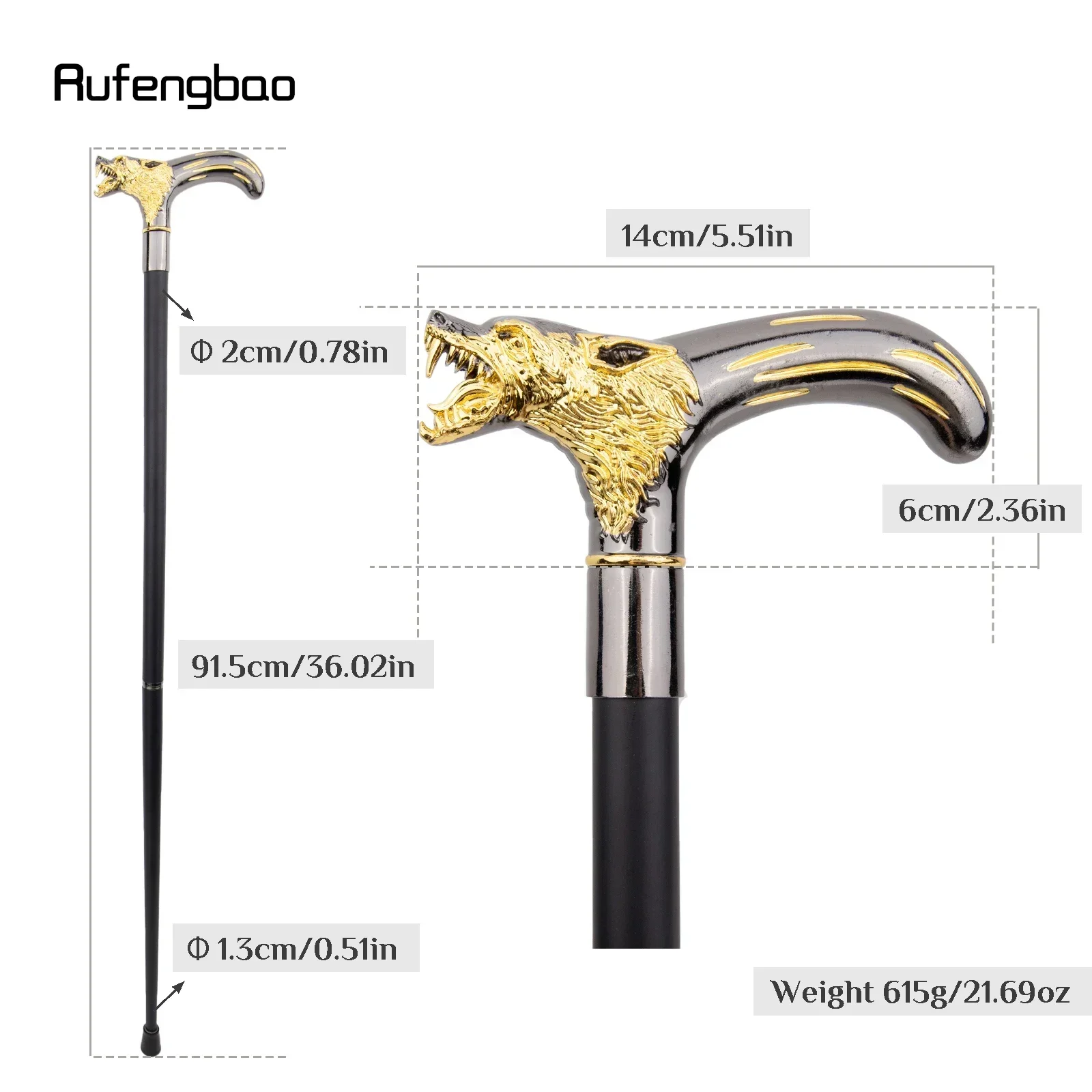 Cabeça de lobo preto dourado mordendo bengala moda decorativa vara cavalheiro desempenho cana 92cm desempenho palco cana