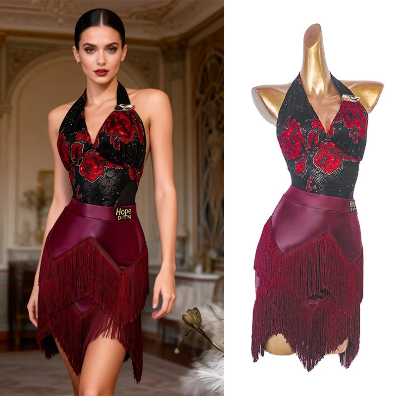 

Latin Dance Dress Sexy Hanging Neck Print V-neck Top Tassel Skirt Performance Costumes For Women Chacha Rumba Tango Wear DN22718