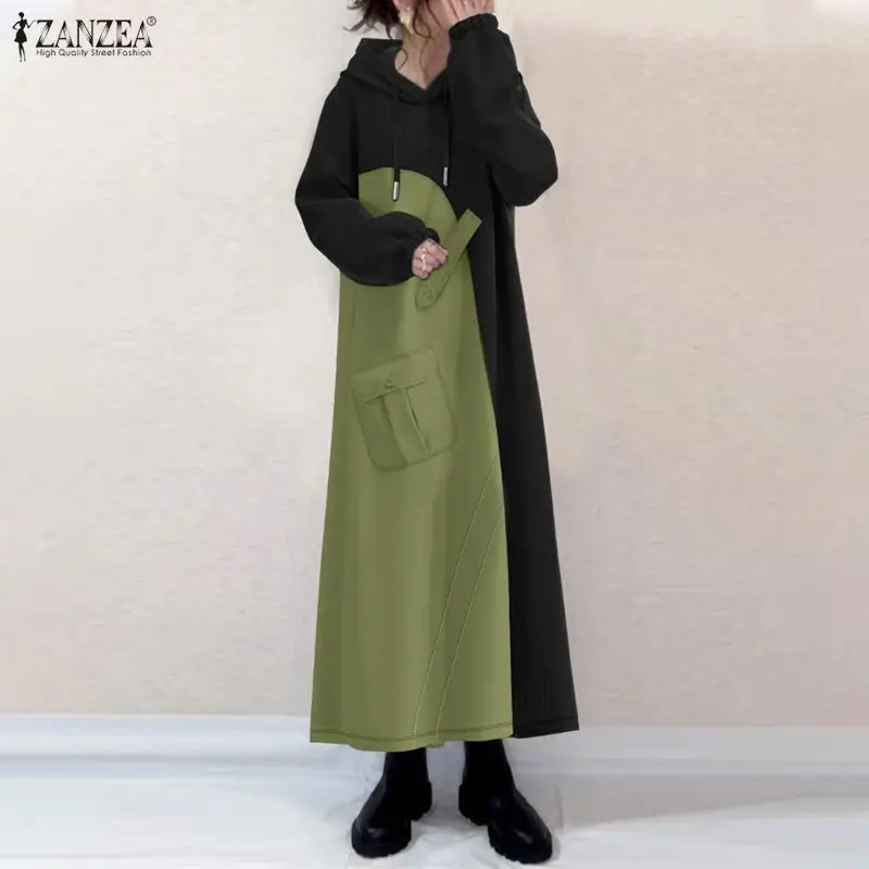 

ZANZEA винтажное платье-толстовка 2026 модное женское длинное платье Vestidos осень-зима повседневное лоскутное свободное уличное вечерние макси-халат