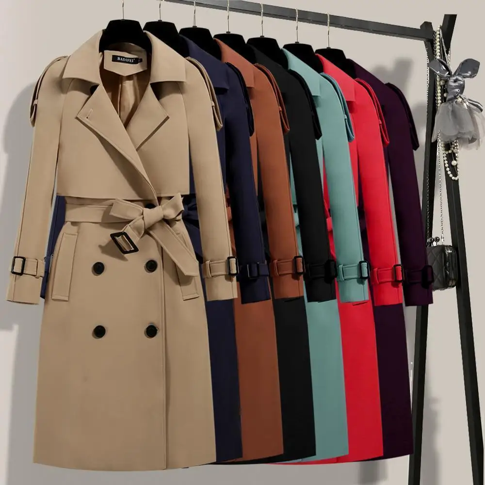 2022 Autumn Fashion Double Breasted Solid Trench Coat Vintage Turn-down Collar Warm Trench with Belt Elegant Long Coat