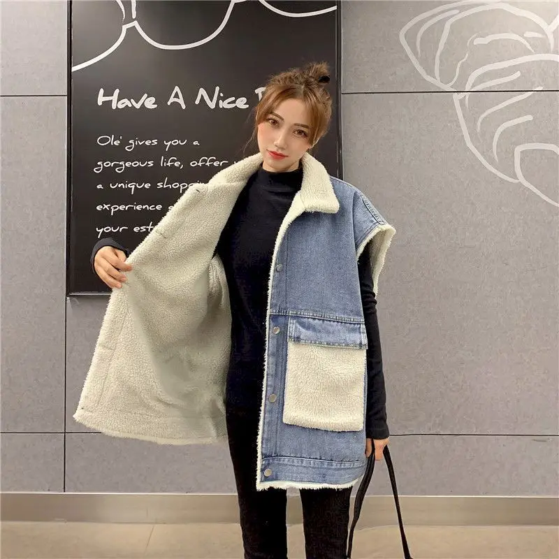 Denim Medium Length Lamb Wool Plush Thicken Vest Coat Harajuku Street Stitching Large Size Loose Vests Fashion Waistcoat Women