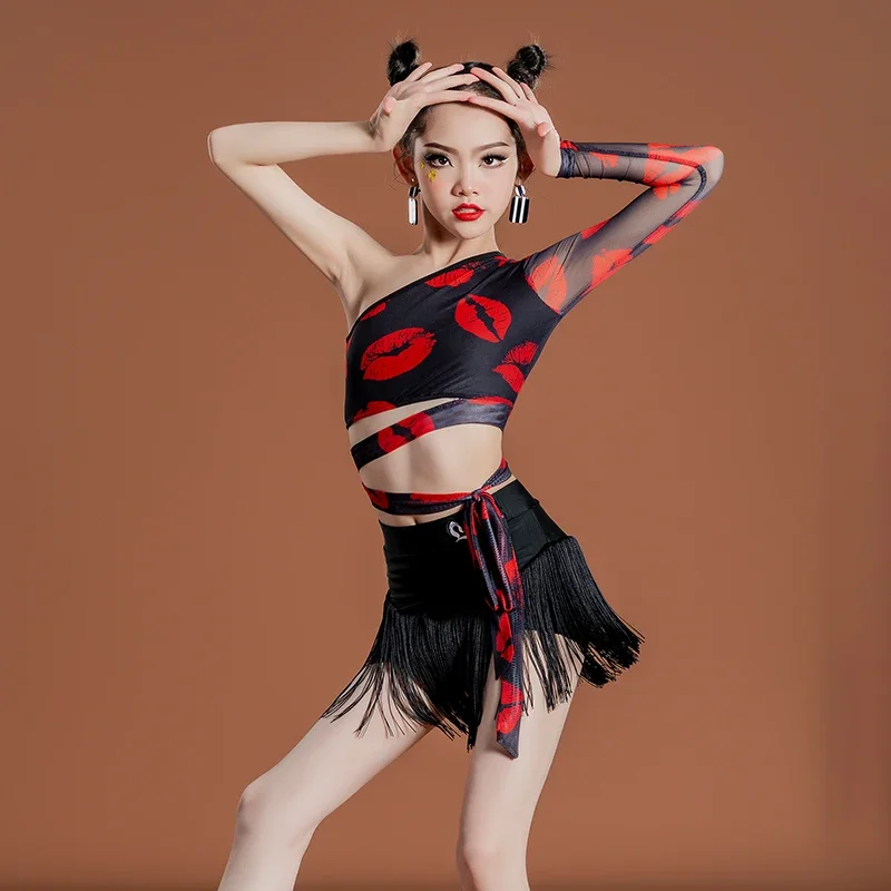 Girls Latin Dance Costume Outfit Single Sleeve Tops Tassel Skirt ChaCha Dancing Clothes Children Samba Tango Practice Wear