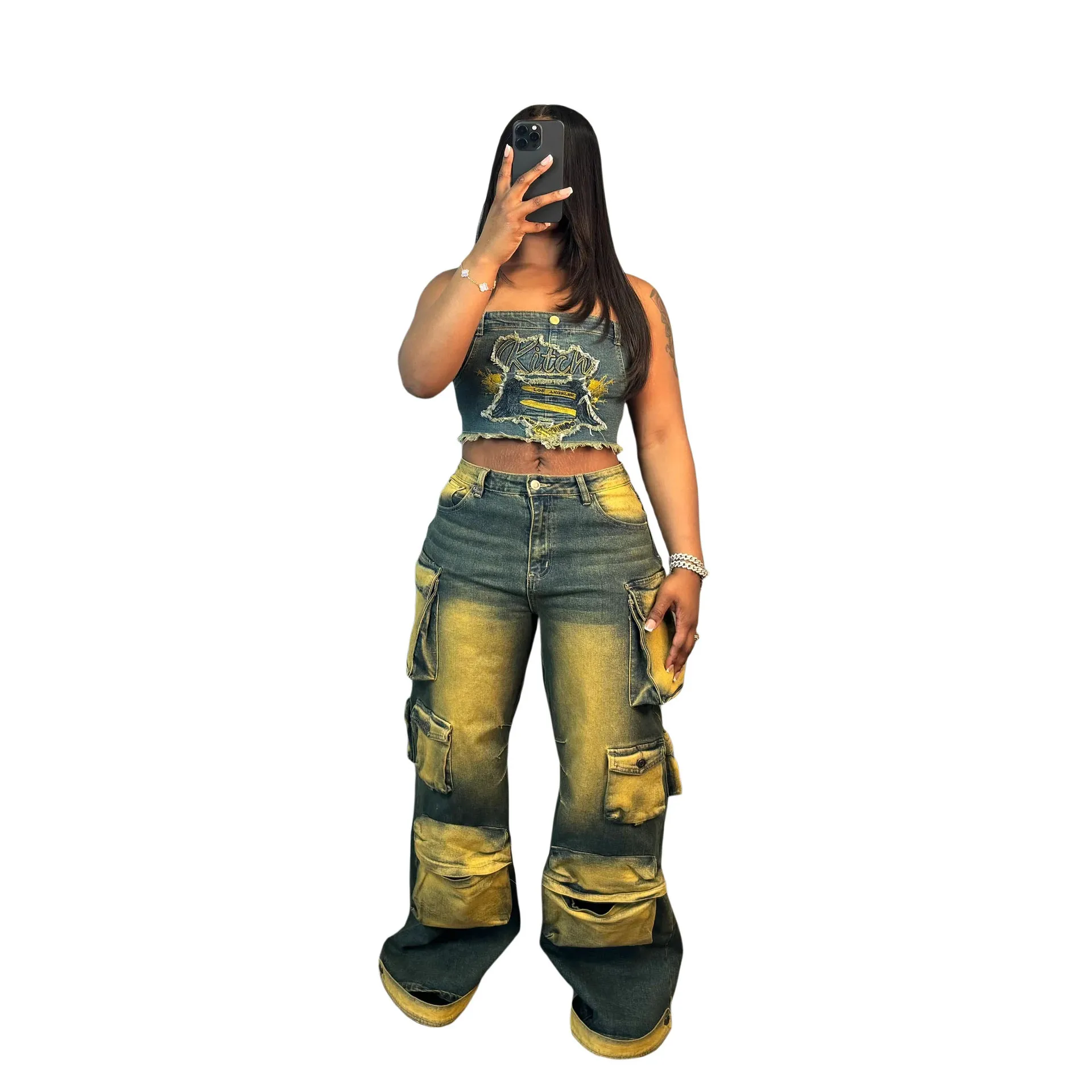 

Distressed Women Denim Cargo Pants Zipper Fly High Wasit Straight Jeans 2025 Summer New Popular Streetwear Casual Workout Capris