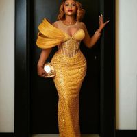 2025 Gold Prom Dresses Aso Ebi Sheer Neck Illusion Long Sleeves Beaded Sequined Lace Special Occasions Birthday Dress