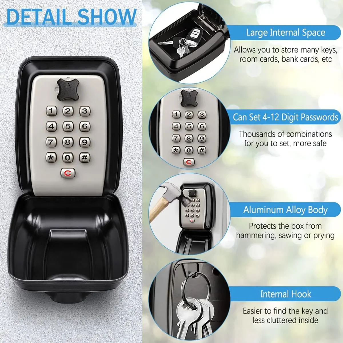 Key Lock Box Wall-Mount Secret Code Security Key Safe Secret Organizer Box No Key Home Office Weatherproof Safe Key Keeper 2