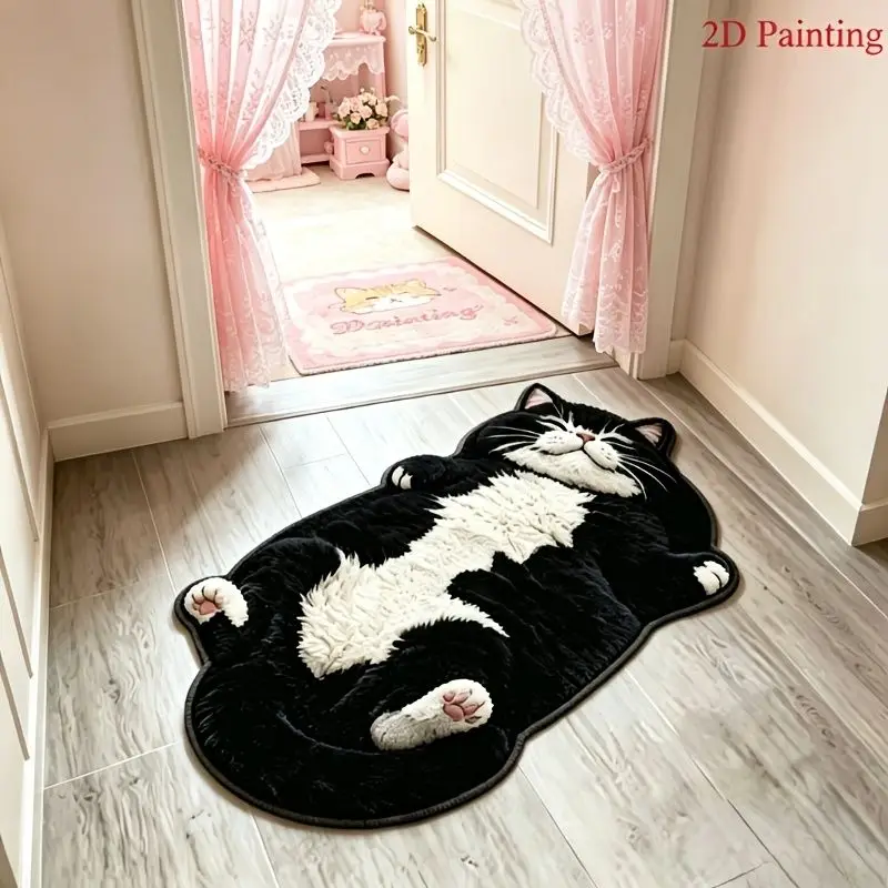 VIKAMA Lazy Black and White Cow Cat Alien Plush Long Carpet Entrance Bathroom Living Room Cute Cartoon Home Floor Mat
