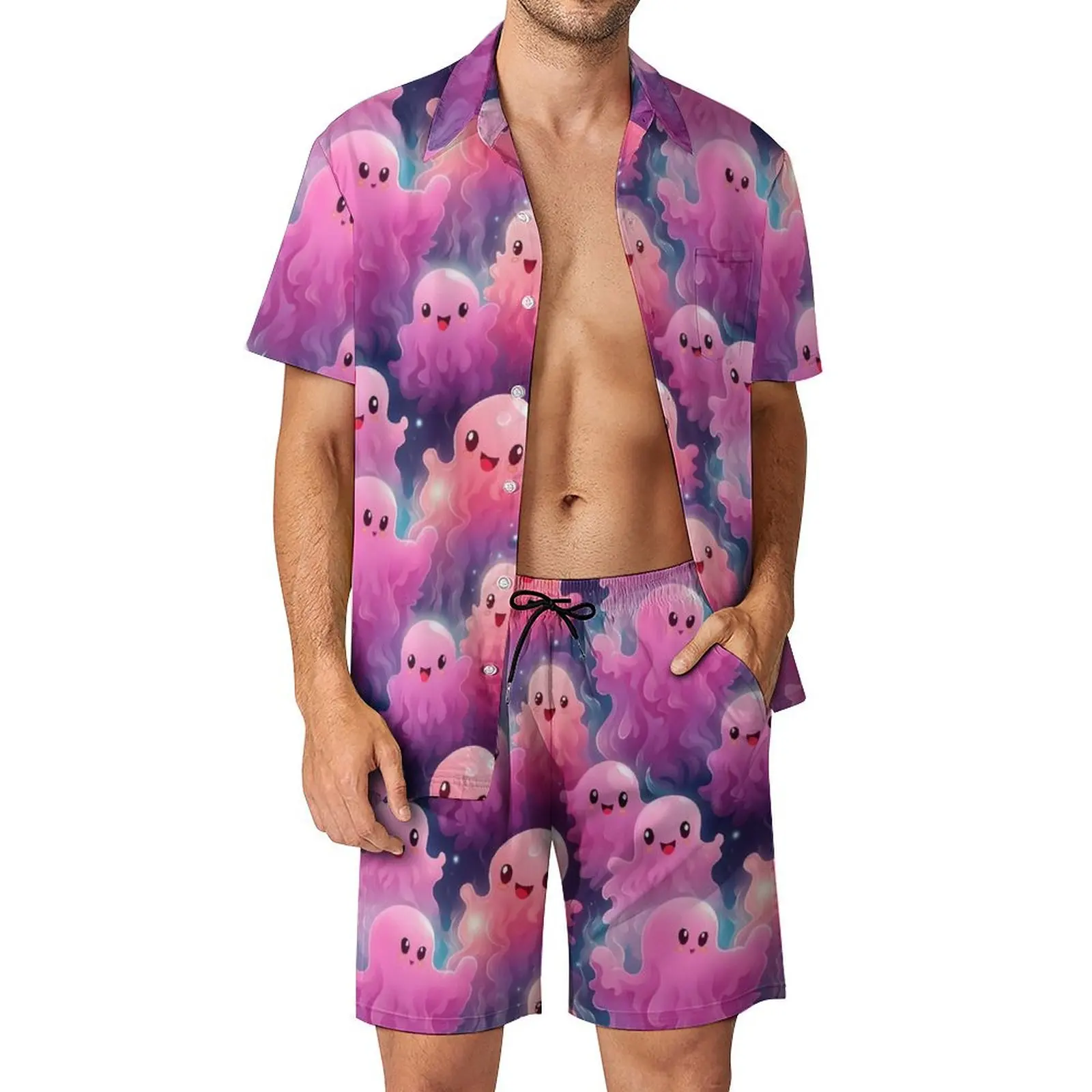 Pink Ghost Men Sets Funny Halloween Casual Shorts Summer Trendy Beach Shirt Set Short-Sleeve Oversized Suit Birthday Present