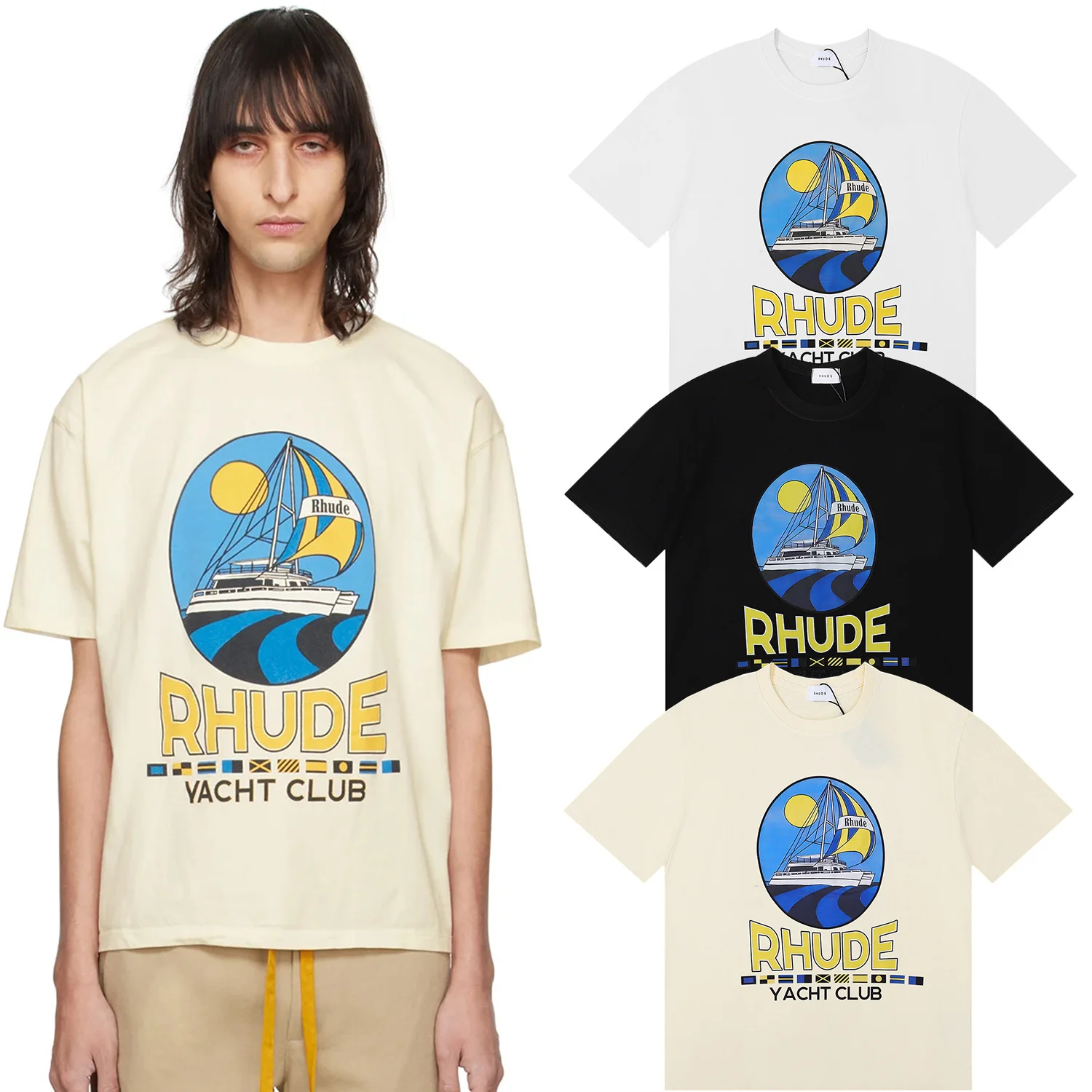 Retro American Yacht Print Loose Fit Cotton T-Shirt Short Sleeve round Neck Casual Streetwear for Youth Unisex Summer T-Shirt