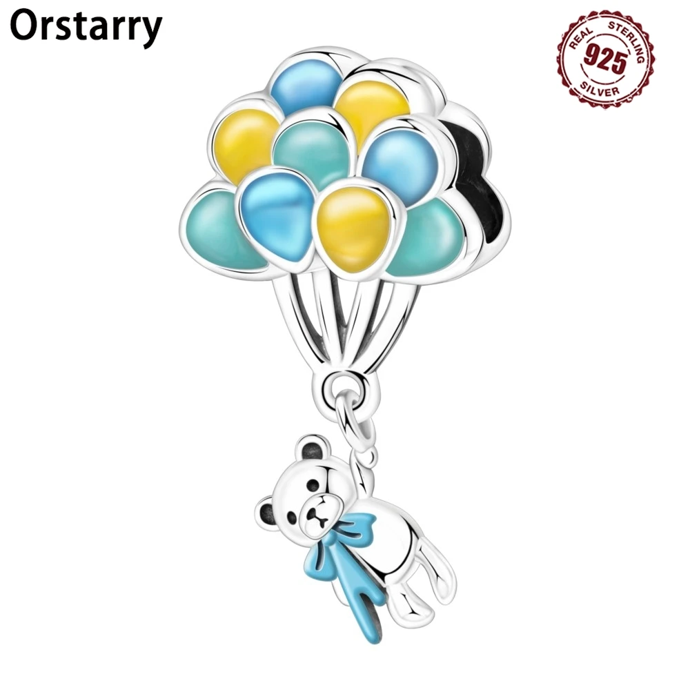 

925 Sterling Silver Balloon Tassel Blue Teddy Bear Pendants Bracelet Charms Fit Jewelry Party Beads DIY Fine Gifts Accessory