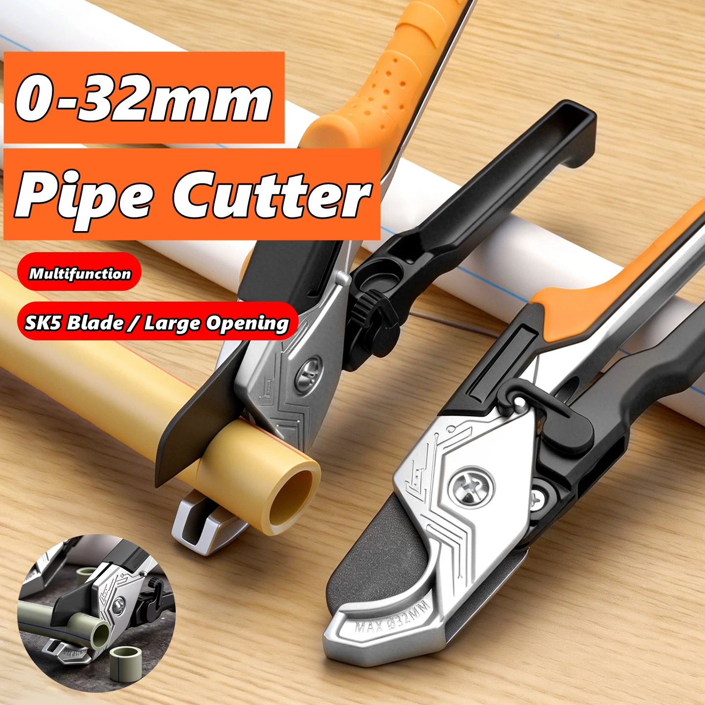 Coupe-tubes 0-32 mm pour PVC, PPR, PU, PE – Ciseaux à tubes avec lame en acier SK5 tranchante – Outil de coupe manuel pour tuyaux et flexibles – Outils de plomberie