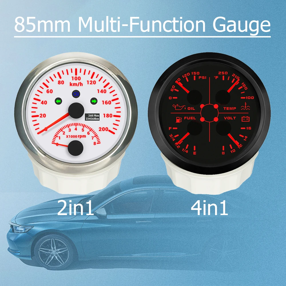 ELING 85mm 4 in 1 Oil Press Water Temp Fuel Level Voltmeter Gauge + 120km/h 200MPH GPS Speedometer with Tachometer  for Car Boat