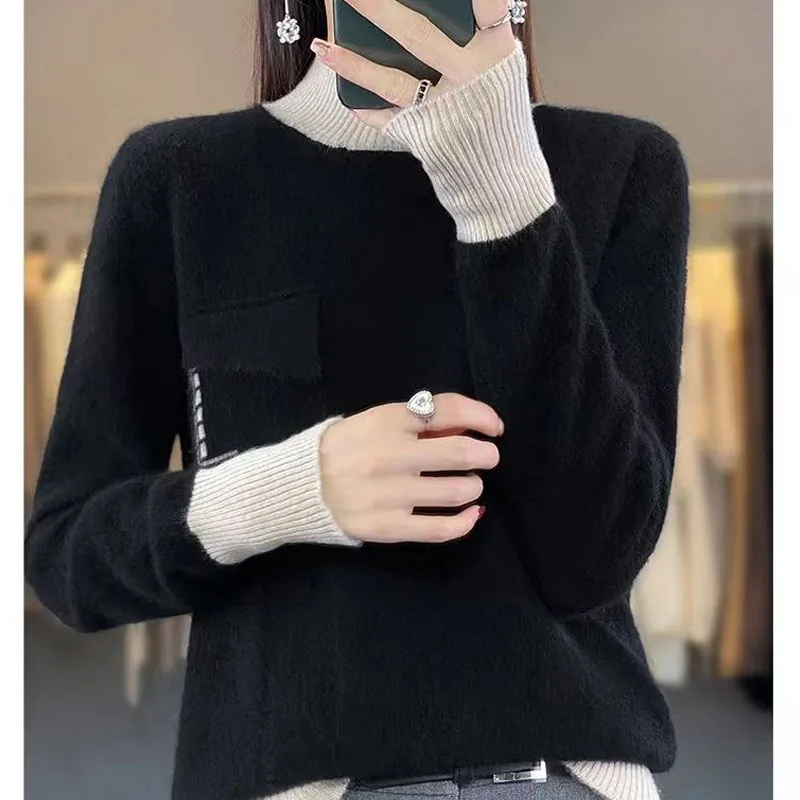 New Autumn and Winter Fashion Korean Edition Colored Half High Neck High End Loose Versatile Slim Long Sleeve Women\'s Sweater