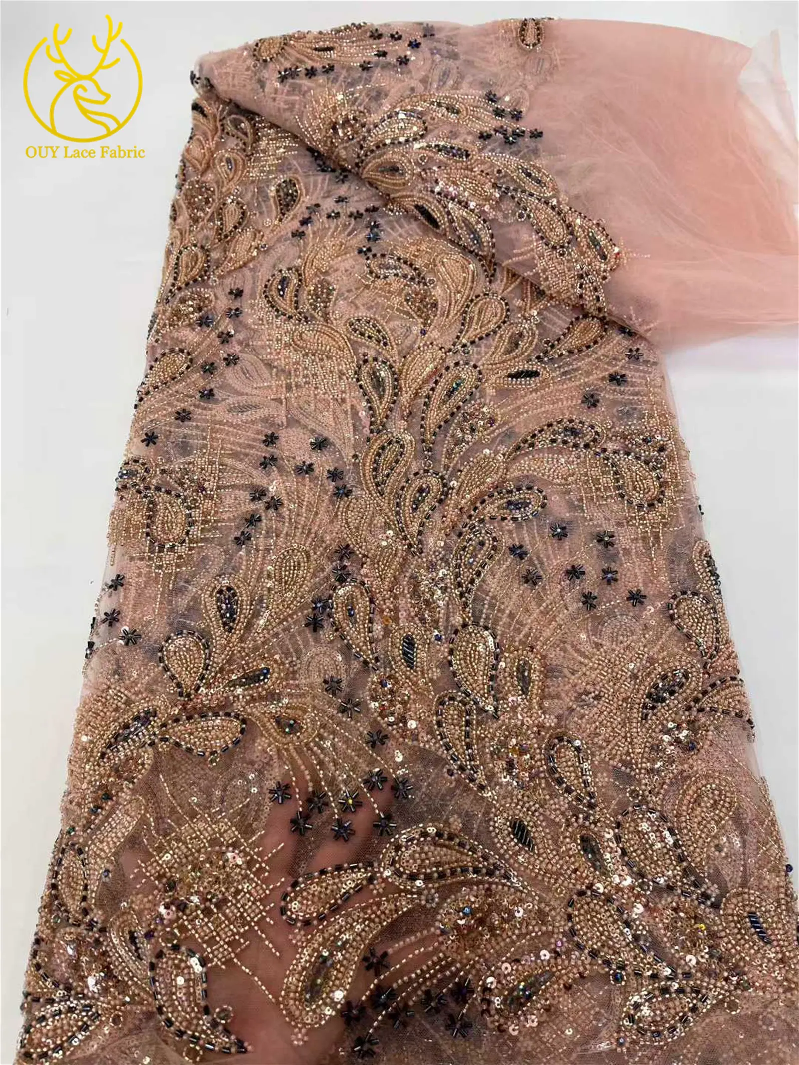 Luxury Exquisite 2025 African Nigerian Sequins Tulle Lace Fabric 5 Yards French Beading Embroidery Wedding Party Dress Sewing