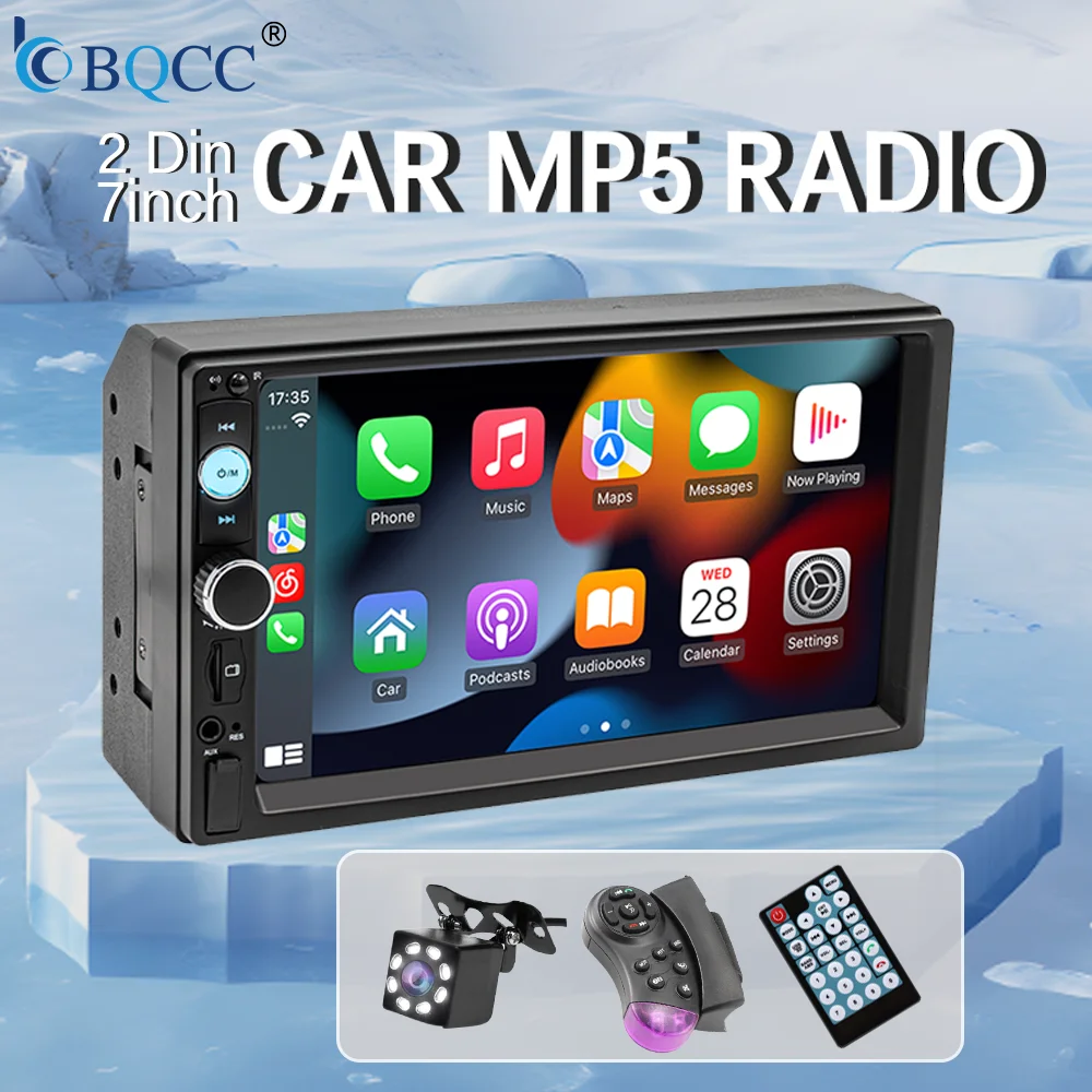 BQCC 7'' Car Radio 2din HD Touchscreen MP5 Player Bluetooth 12V FM ISO Power Auxiliary Input Mirror Link Multimedia Player