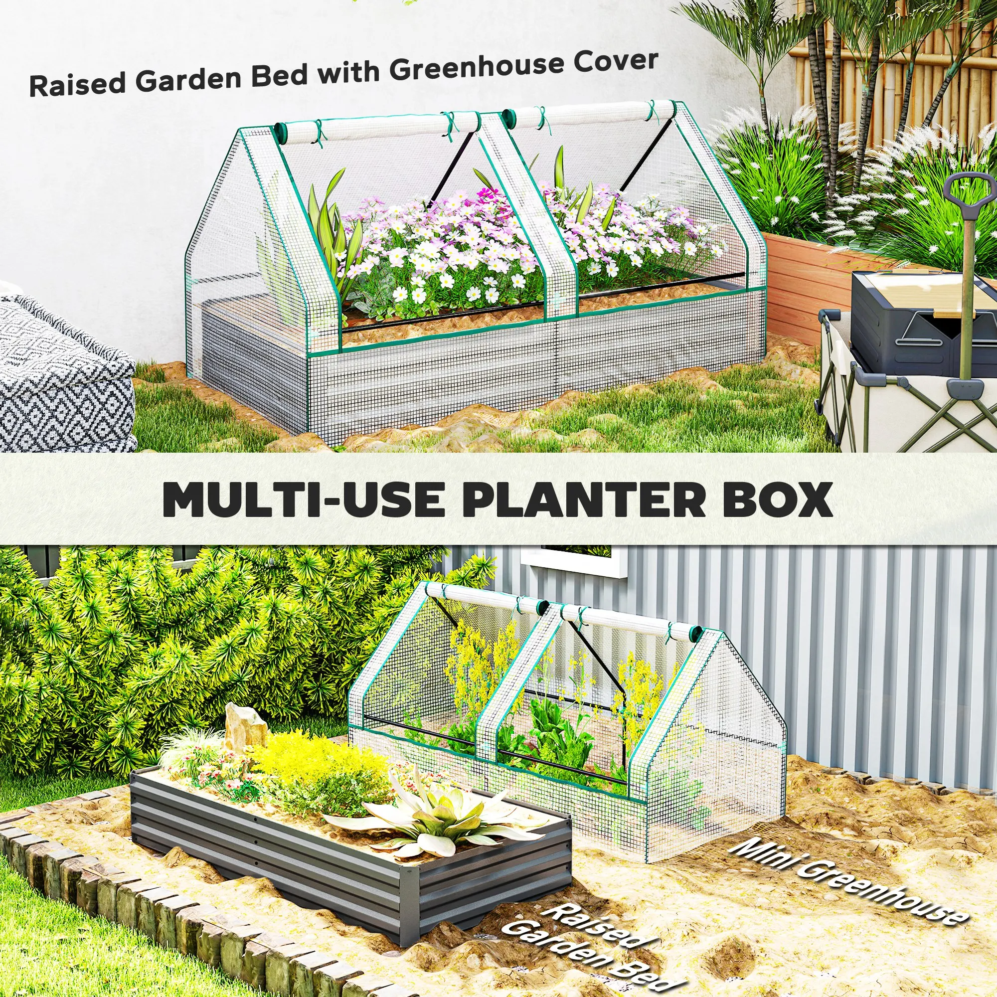 Raised Garden Bed with Greenhouse, Planter Box with Cover, White and Dark Gray