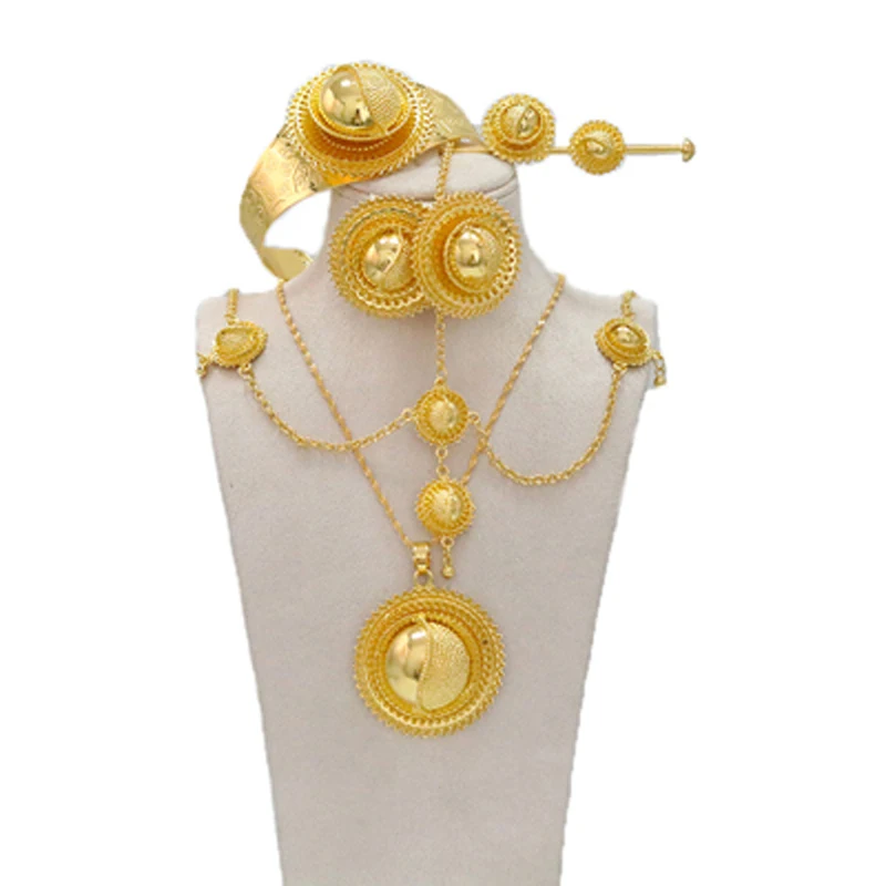 

Ethiopian Gold Jewelry Set Dubai Style Jewelry with Hairpin and Head Chain for Engagement or Wedding