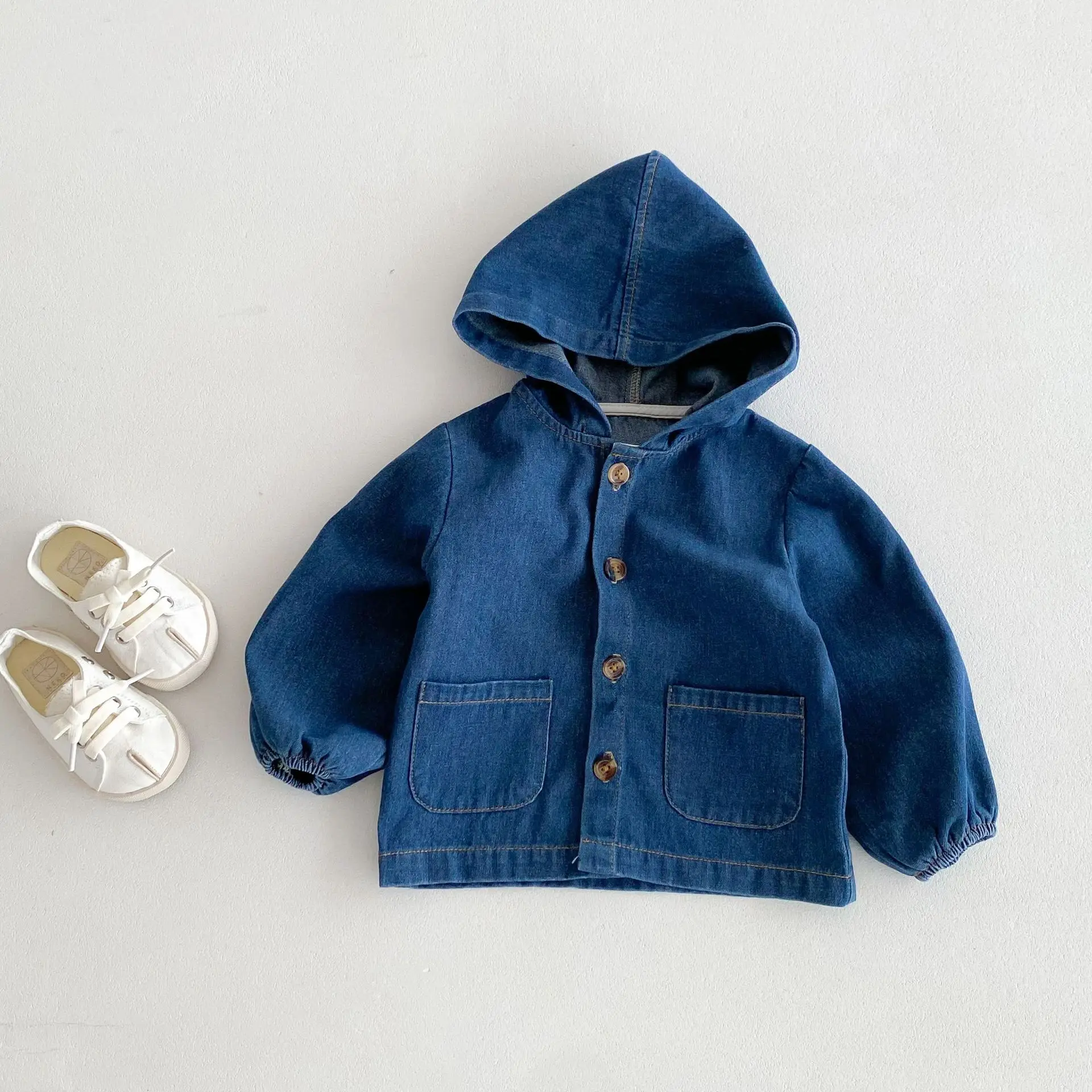 

2024 Autumn New Children Denim Jacket Solid Girls Versatile Hooded Coat Boys Fashion Casual Tops Cardigan Toddler Kids Outerwear