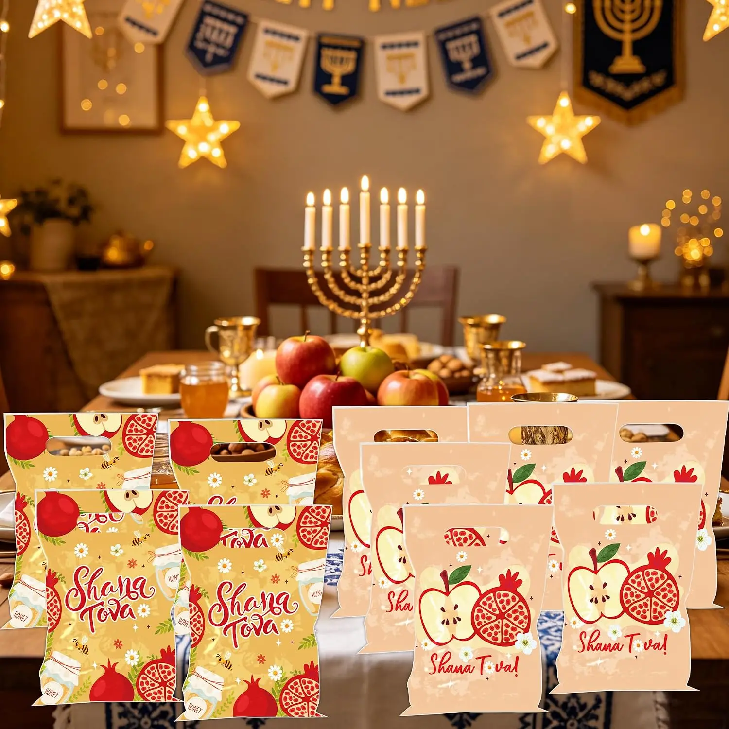 100pcs Shana Tova Goodie Bags Rosh Hashanah Plastic Gift Bag Pomegranate Apple Honey Sweet Treat Pouch Jewish New Year Decor image 5